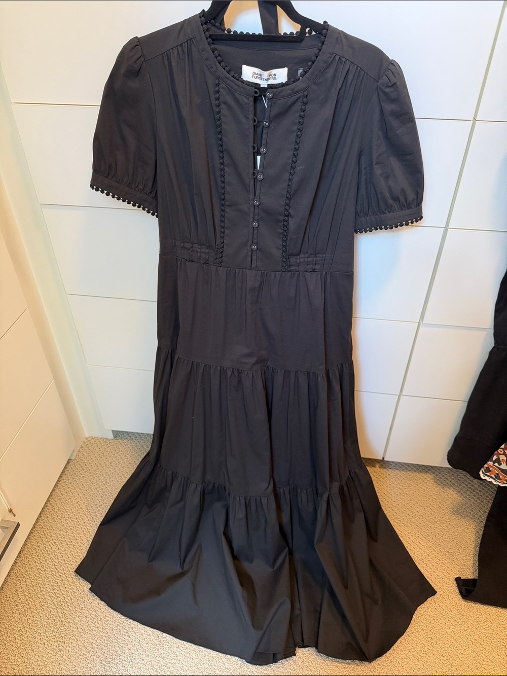 Diane Von Furstenberg Black Tiered Maxi Dress with Button Placket